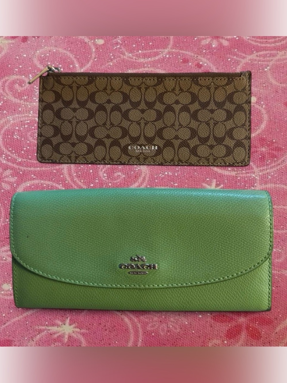 coach brown signature zip pouch with green leather wallet